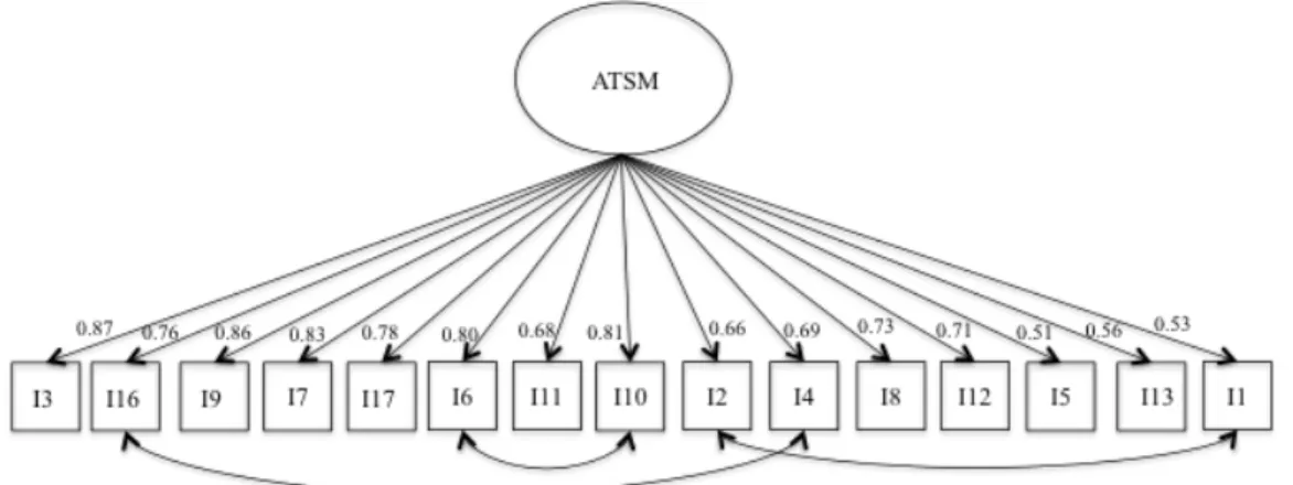 Figure 1: Confirmatory factorial analysis of the ATSM Scale (standardized regression  weights from latent factor to observed variables and associations between measurement  errors) 
