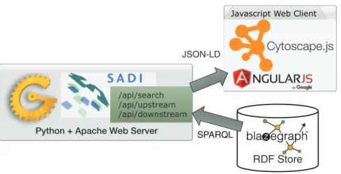 Figure 4 The ReDrugS software architecture. Using web standards and a three-layer architecture (RDF store, web server, and rich web client), we were able to build a complete knowledge graph analysis platform.