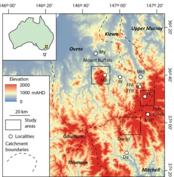 Figure 1. Location of study sites in northeast Victoria superimposed on the digital elevation model