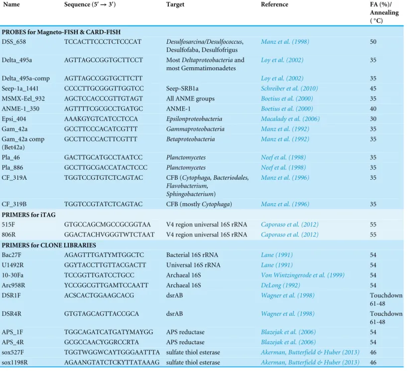 Table 1 FISH probes and PCR primers used in this studys. FISH probes for Magneto-FISH and CARD-FISH and PCR primers for iTag and Clone gene libraries with oligonucleotide sequence, target organisms, references, and formamide concentration (FISH) or anneali