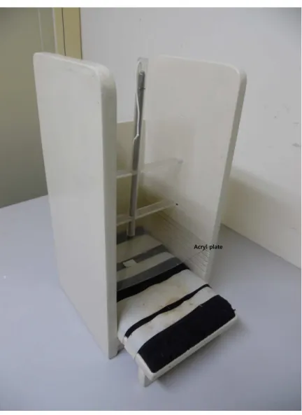 Figure 1 Device for mild traumatic brain injury using a rat as the subject. The components of the de- de-vice are a vertical guide tube for the dropped weight and an acryl panel to absorb impact.