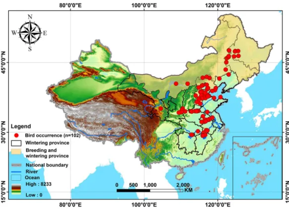 Figure 1 The study area for predicting the distribution of Great Bustards (Otis tarda dybowskii) in China