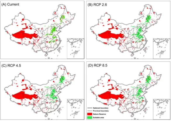 Figure 4 Projection of Great Bustard habitat based on the consensus forecast from three GCMs overlaid with the locations of nature reserves