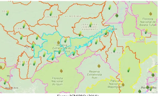 Figura 1- Recorte do mapa de á rea pró xima  ao munic ípio e Lábrea  co m delimitações das Unidades de  Conservação e áreas indígenas do seu entorno