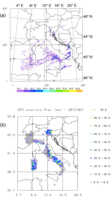 Figure 4. (a) Lightning density on 27 October 2012 (number of flashes/16 km 2 ). The lightning number is obtained by remapping the lightning observed by LINET onto the RAMS grid at 4 km  hor-izontal resolution