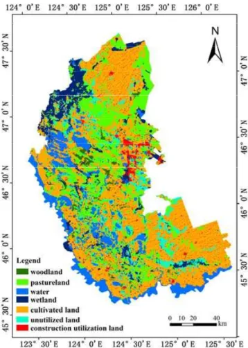 Fig. 2: Land utilization classification map for Daqing in 1995  Fig. 2: Land utilization classiication map for Daqing in 1995