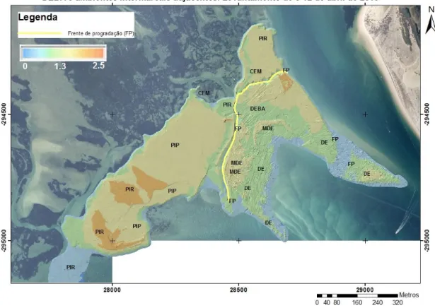 Figura  5.24:  Modelo  digital  de  terreno  referente  ao  levantamento  batimétrico  do  delta  de  enchente  da  Barra  da  Armona  e  ambientes  intermareais  adjacentes,  efetuado  de  8  a  12  de  abril  de  2010,  no  sistema  UTM,  Datum  73  Hayf