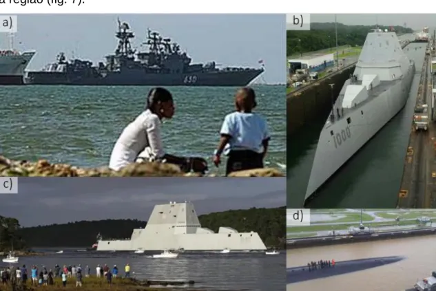 Figura  7.  No  mosaico:  a)  navio  russo  Almirante  Chabanenko  em  2008  (DIÁRIO  DO  RIO  GRANDE,  2008);  b)  e  c)  destroier  americano  Zumwalt  em  2016  (BLITZ,  2017);  d)  submarino  nuclear americano USS Dallas 700 em 2017 (THE GUARDIAN, 2016