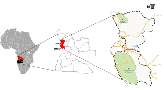 FIG  2.1  Província  do  Bengo  no  contexto  do  Continente,  País,  seus  limites  administrativos  e  as  principais  vias de acesso à área de estudo (AE) 