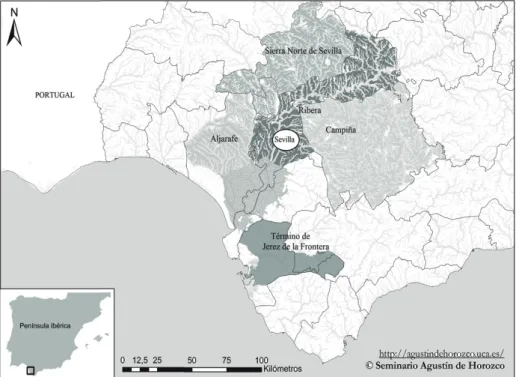 Fig. 2 – Comarcas de la Tierra de Sevilla y término de Jerez de la Frontera.