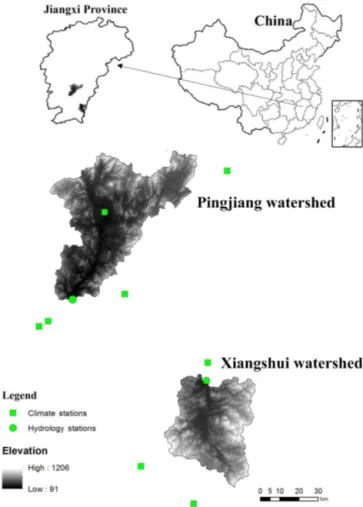 Figure 1. The location of the Pingjiang and Xiangshui watersheds.