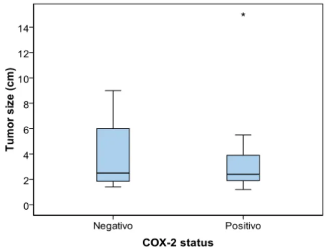 Figure  13:  Correlation  between  COX-2  expression  and  tumor  size.  For  COX-2  negative  expression  the  minimum  value  is  1  cm  and  the  maximum  value  is  9  cm,  with  a  mean  of  3.95  cm  and  a  standard  deviation of 2.709 cm