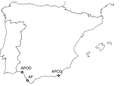 Figure 1 Study sites. Locations of the three study populations in southern Spain: APOD (A