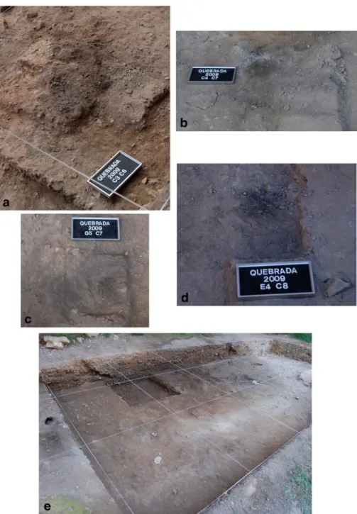 Fig. 7 Combustion features in level IV of Quebrada: hearths (a – d); decapage surface showing both greyish sediments and the reddening produced by later occupations (e)