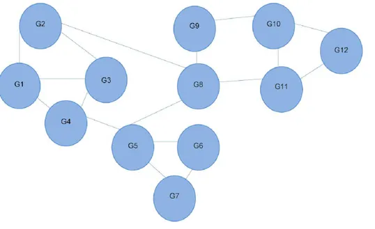 Figure 1 Interaction network of 12 different genes. Each line depicts an interaction between two genes.