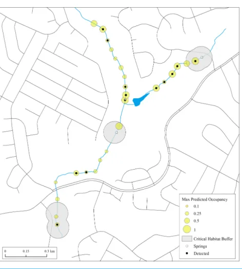 Figure 4 Maximum estimates of predicted occupancy for E. tonkawae from 2013–2015 in Bull Creek, Tributary 4, Travis County, Texas