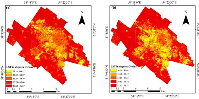 Figure 8. Land surface temperature retrieved from Landsat TM TIRS data at urban area of Yazd city: (a) 8 August 1998, (b) 6 August 2009.