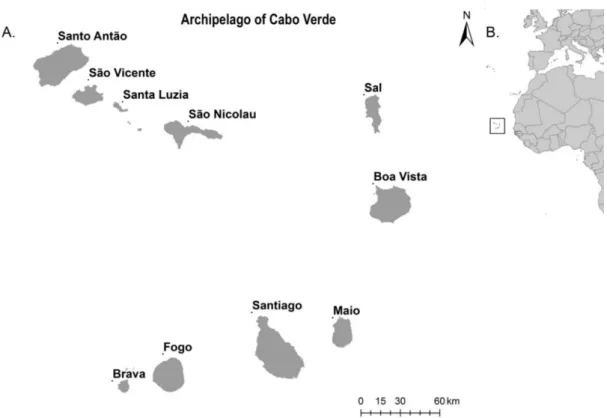Figure  1.  Geographic  localization  of  Cabo  Verde  archipelago  (A),  islands’  distribution  in  the  archipelago; (B), regarding the West Coast of Africa)