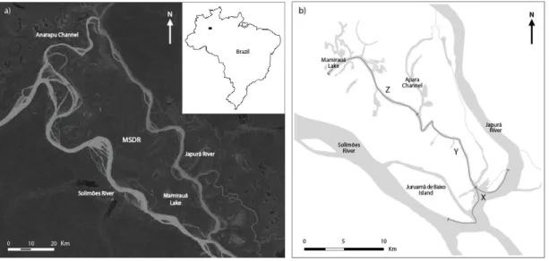 Figure 1 – Location of the Mamirauá Sustainable Development Reserve in Brazil (a) and Mamirauá  Lake System in the Mamirauá Sustainable Development Reserve showing sections X, Y and Z, where  the present study was developed (b)