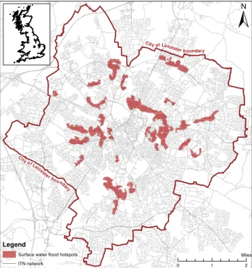Figure 1. Distribution of the 26 locations identified as surface water hotspots in Leicester, UK.
