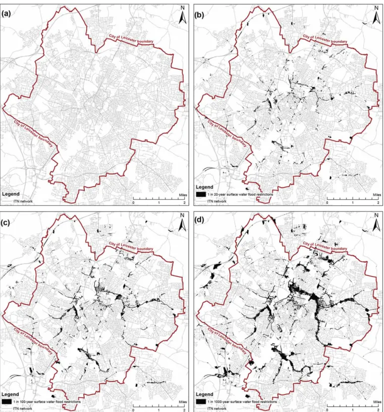 Figure 3. ITN network under (a) normal no-flood conditions and overlain with restrictions under (b) 1 in 20-year, (c) 1 in 100-year and (d) 1 in 1000-year surface water flood scenarios showing the extent of flooding above a 25 cm threshold that intersects 