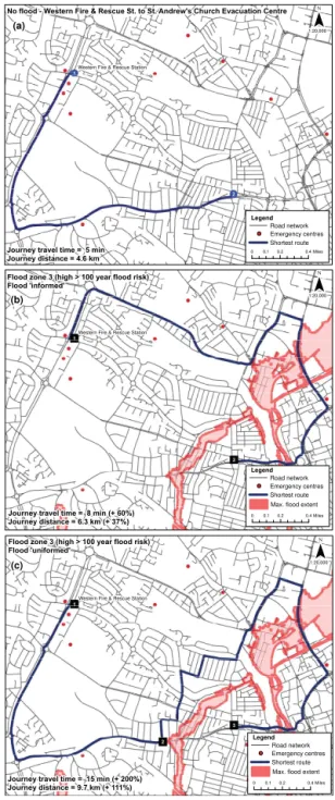 Figure 5. Quickest routing between the Western Fire and Res- Res-cue Station and St. Andrew’s Methodist Church (evacuation  cen-tre, 300-person capacity) under (a) normal conditions and high (&gt; 100 year) fluvial flood risk scenarios