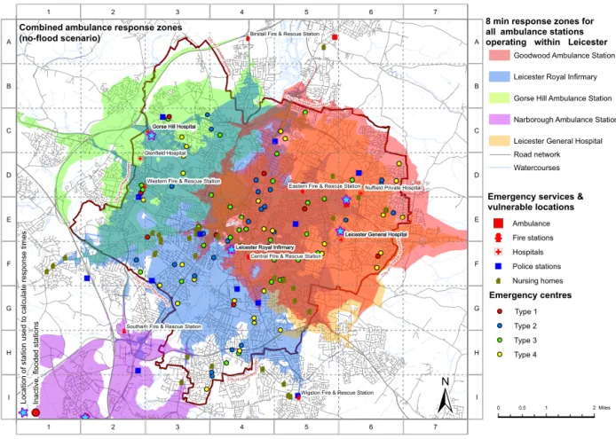 Figure 7. Accessibility of the city (8 min) for ambulance service stations operating under normal no-flood conditions.