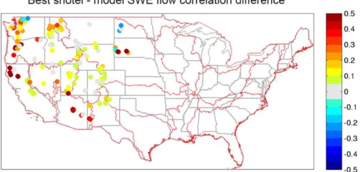 Figure 7. Difference of the rank correlation of SWE and runoff from the best SNOTEL site (of nearest 10) and calibrated model without DA.