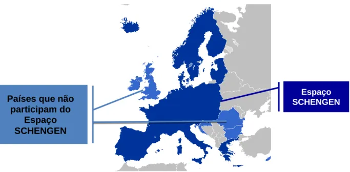 Figura 5 – Os países da União Europeia que fazem parte do espaço Schengen  Fonte:https://pt.wikipedia.org/wiki/Uni%C3%A3o_Europeia 