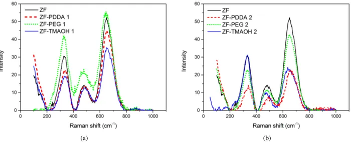 Figure 3. Raman spectra of the zinc ferrite nanoparticles modified during synthesis (a) and after synthesis (b) glomeration, shifting the particle size distribution 