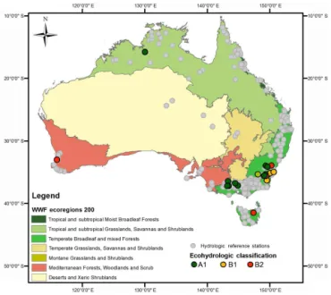 Figure 1. Distribution of hydrologic reference stations across Aus- Aus-tralia. Colored circles represent catchments with a significant trend in annual runoff ratio