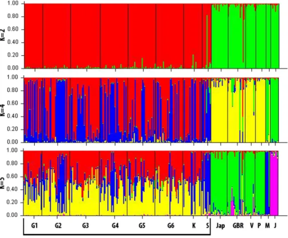 Figure 2 Graphical summary of Bayesian clustering results. Samples were assigned among 2, 4 and 5 genetic clusters (K)