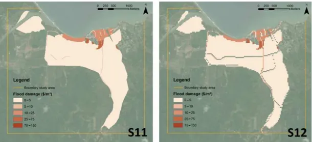 Figure 8. Damage maps for Annotto Bay for S11 and S12. Left: (S11) raster approach (10 × 10) based on population density