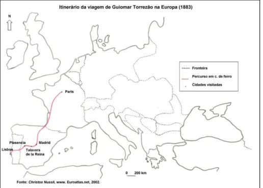 Fig. 1 - Itinerário  da viagem  da Guiomar  Torrezão  na Europa  (1883) 