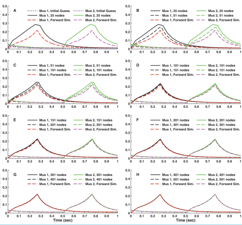 Figure 4 Muscle activations versus time for the simple model optimal control problem. Result obtained using IPOPT are shown for different numbers of nodes using a grid refinement approach