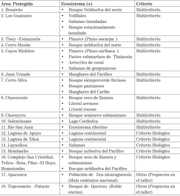 Cuadro 7. Resumen de las Áreas Protegidas seleccionadas como prioritarias.