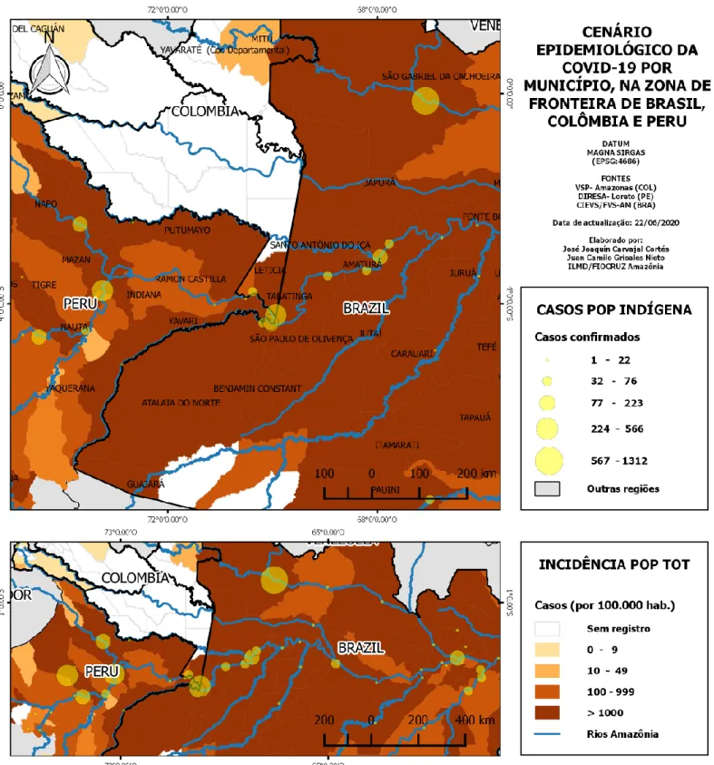 Figura 7. Incidência acumulada de COVID-19 da população total e casos confirmados da população indígena, por município, na região de fronteira  entre Brasil, Colômbia e Peru