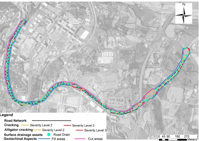 Figure 7. Thematic map: analysis of the relation between cracking, alligator cracking, surface  drainage, road overpass, viaducts and geotechnical aspects
