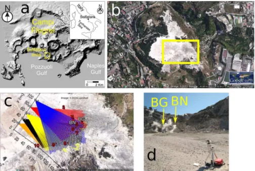 Figure 1. Geography and measurement geometry. (a) Location of the Solfatara crater as part of the volcanic area of Campi Flegrei, near Naples (Italy)