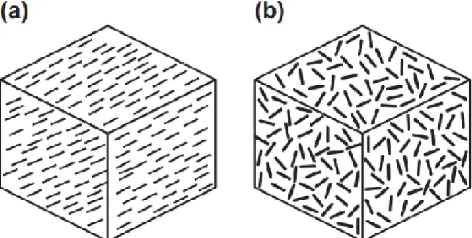 Figure 2.2 - Schematic of composite reinforced with: a) short fibres oriented preferentially; b) randomly  oriented [5] 