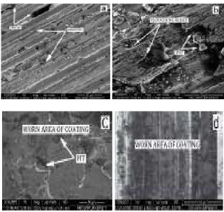 Figure  (7):  SEM  images  of  the  worn  surface  produced  by  ball  cratering  abrasive  wear  testing  machine of (a) (b) are uncoated and (c) (d) are Ti C N coated 