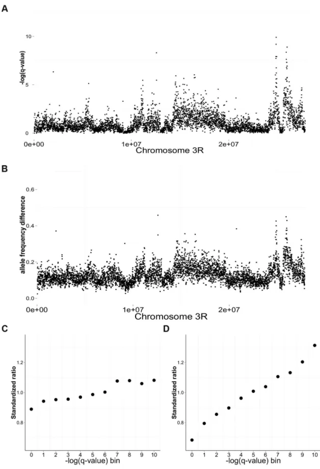 Figure 3. Differentiation between salt and cadmium populations. Sliding-window (5 kb non-overlapping) plots of differentiation along chromosome 3R: the average -log(q-value) from the CMH test (A) and the average difference in mean allele frequency (B) betw