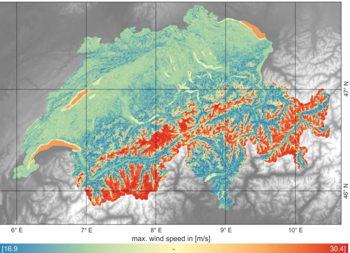 Figure 4: Map of predicted maximum wind speeds over Switzerland  train error is still reduced