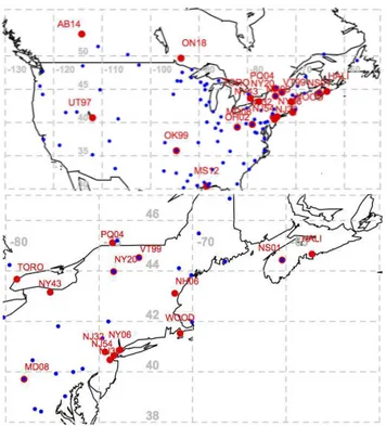 Fig. 1. (a) Location of measurement sites evaluated: oxidized mer- mer-cury (red) and wet deposition (blue)