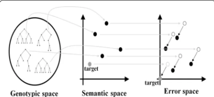 Fig. 2  A simple 2D vision of genotypic, semantic and error spaces.