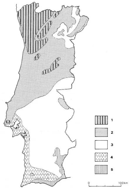 Fig.  2.1.  Domínios  bioclimáticos  em  Portugal  (ALCOFORADO  et  al.,  1993).  1  -  Atlântico;  2  -  Pré- Pré-Atlântico; 3 - Pré-Mediterrâneo interior; 4 - Pré-Mediterrâneo litoral; 5 - Mediterrâneo; 
