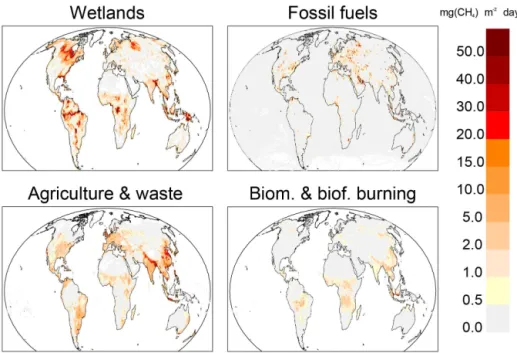 Figure 3. Methane emissions from four source categories: natural wetlands, fossil fuels, agriculture and waste, and biomass and biofuel burning for the 2003–2012 decade in mg CH 4 m −2 day −1 