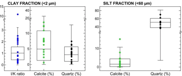 Figure 3. Box and whisker plots showing the variability of the soil composition in the clay and silt fractions at the global scale, i.e., by considering all data from the nine dust source areas identified in Fig