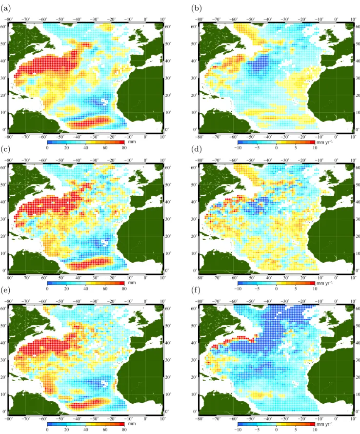 Figure 5. Amplitudes of the annual signal (left) and trends (right) computed with the Scripps grids (a, b), the method in this study (c, d) and from the Glorys reanalysis product (e, f).