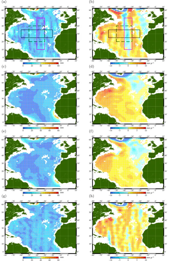 Figure 6. (Caption on previous page.) Amplitudes of the annual signal (left) and trends (right) of the mass signal